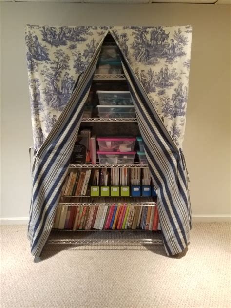 how to disguise metal shelving with fabric|how to cover shelves.